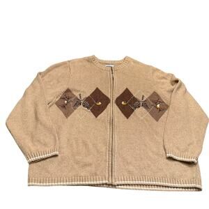 Croft & Barrow Zip Front Cardigan Sweater Argyle Bird Embroidered Cozy 3X Plus